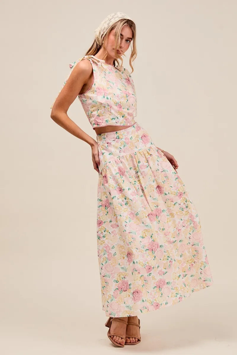SO ME Floral Printed Woven Shoulder Bow Tie Top and Skirt Set Outfit Sets