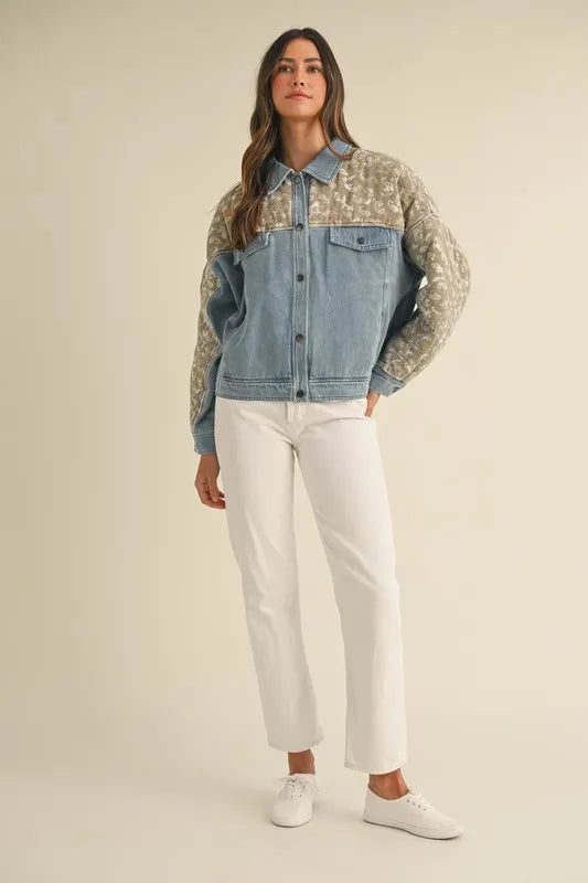 MABLE Quilted Paisley Print Contrast Denim Jacket