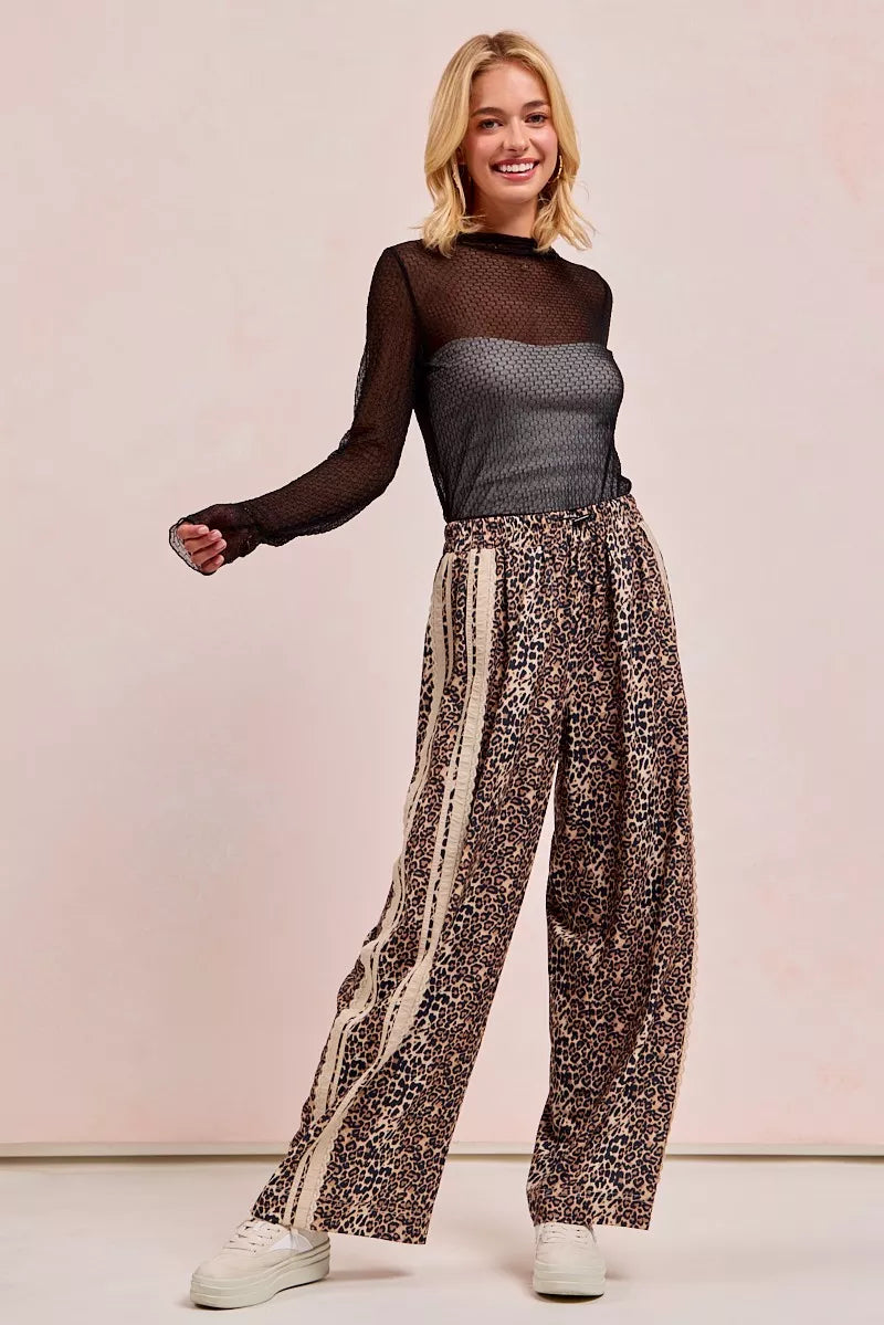 BiBi Leopard Printed Track Pants with Side Contrast Lace | Loungewear Bottoms Daverri Fashions