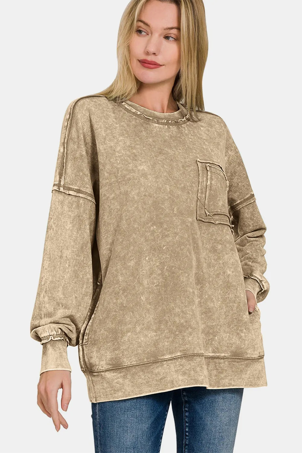 Zenana Exposed Seam Round Neck Dropped Shoulder Sweatshirt Sweatshirts