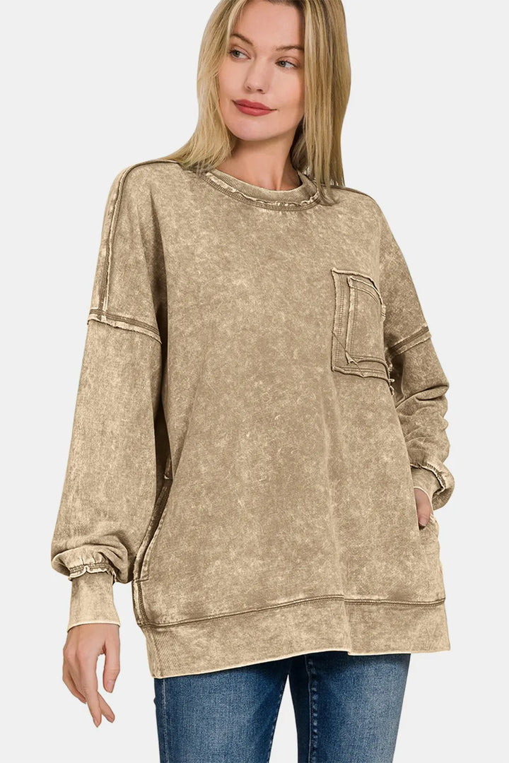 Zenana Exposed Seam Round Neck Dropped Shoulder Sweatshirt Sweatshirts