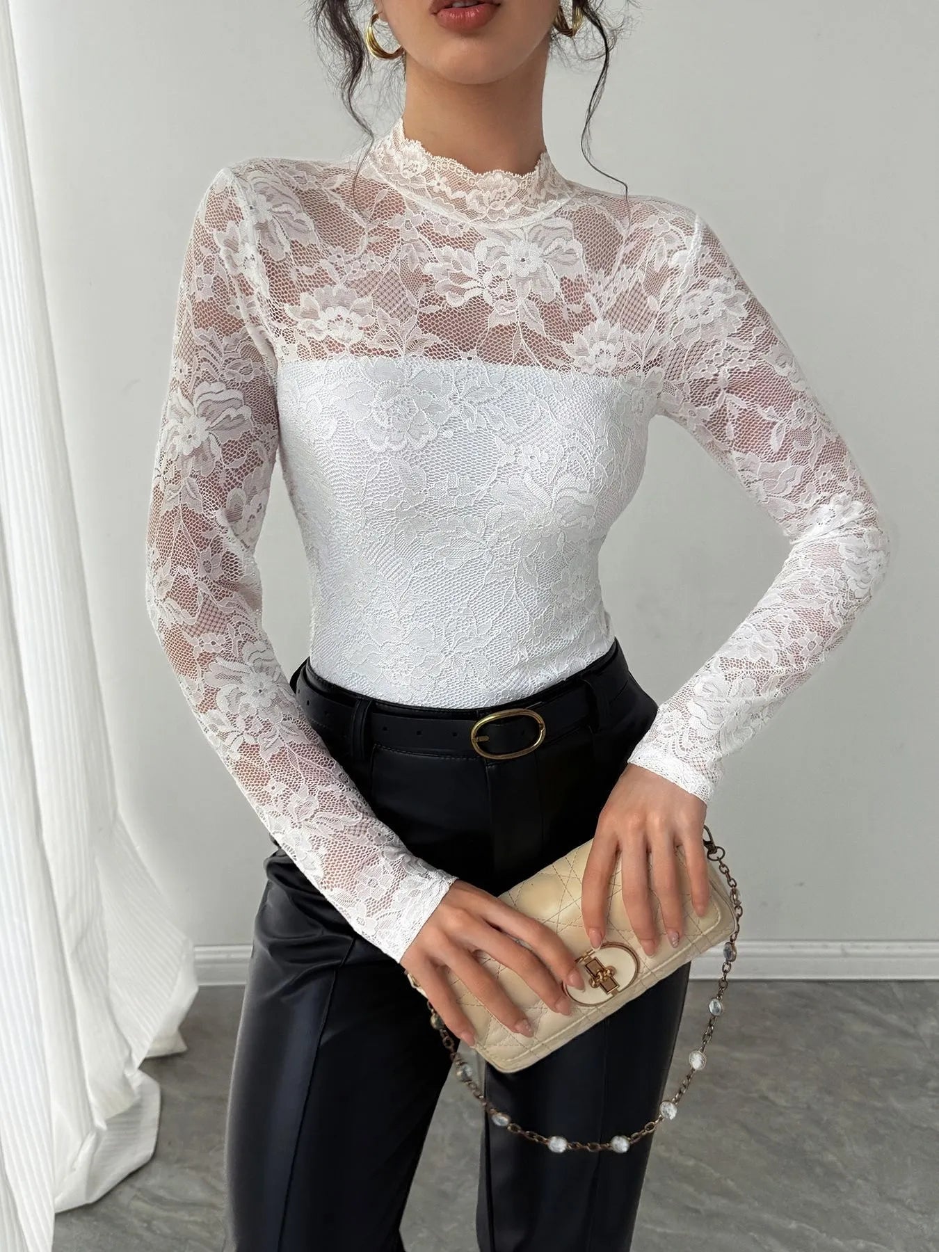 White Mock Neck Long Sleeve Lace Top | Tops Daverri Fashions