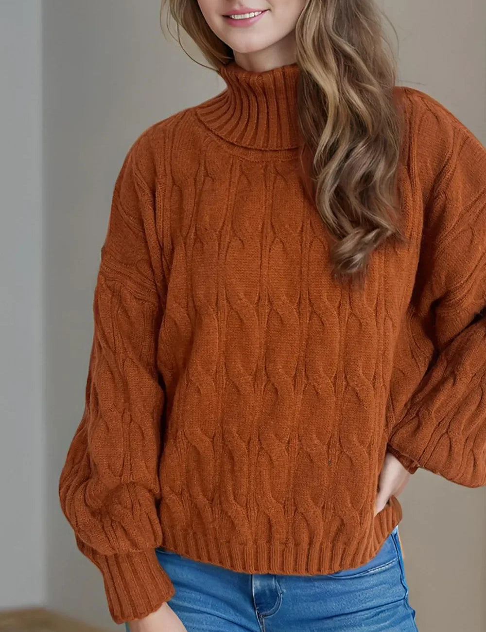 Burnt orange cable-knit turtleneck sweater with balloon sleeves