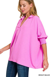 Zenana Airflow Collar Tee with Smocked Sleeve Band Top | Tops Daverri Fashions