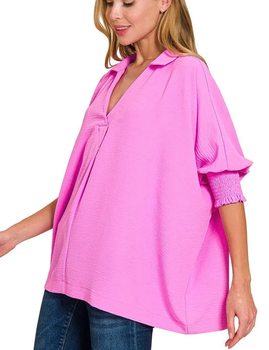 Zenana Airflow Collar Tee with Smocked Sleeve Band Top | Tops Daverri Fashions