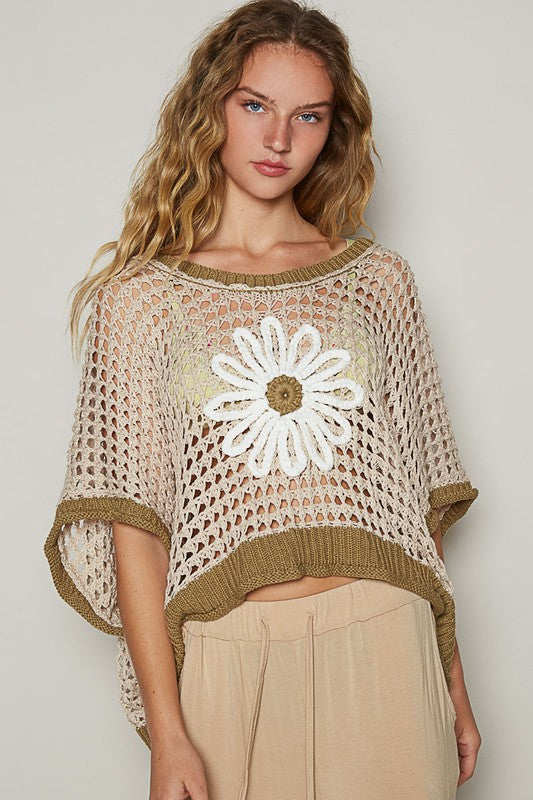 POL Hollow Out Flower Half Sleeve Knit Cover Up BEIGE OLIVE