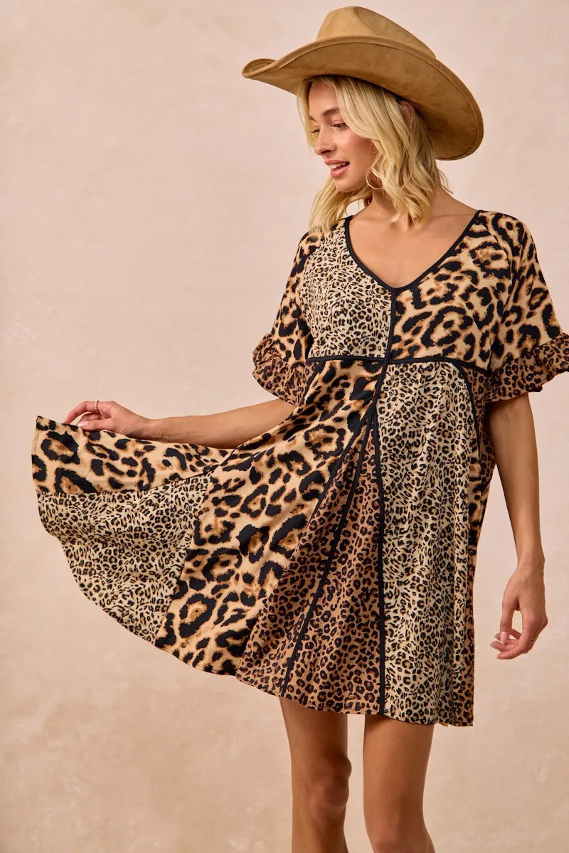 BiBi Leopard Prints Mix and Match Short Sleeves Dress Mini Dresses