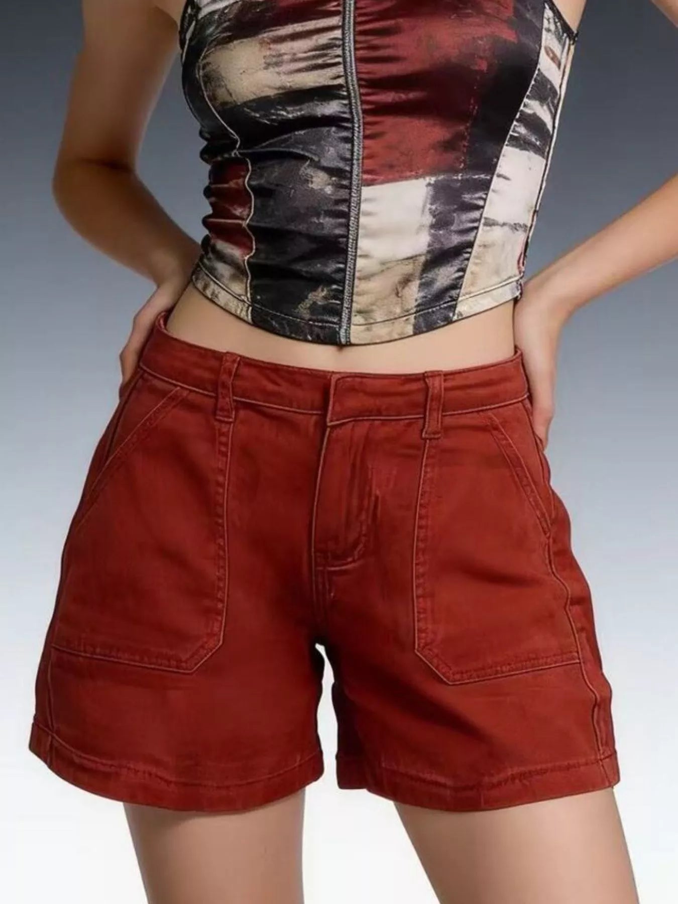 Daverri pocketed denim shorts in red with front pockets and straight hem