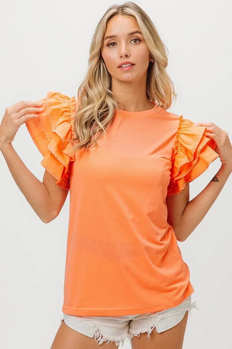 BiBi Knit Top Woven Ruffle Tiered Sleeves - DAVERRI FASHIONS