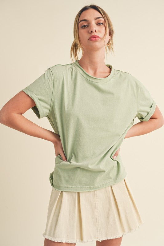 Aemi + Co Exposed Seam Round Neck Short Sleeve T-Shirt Sage