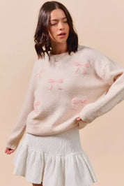 SO ME Embroidered Ribbon Round Neck Sweater | Sweaters Daverri Fashions