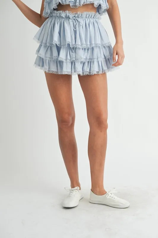 MABLE Ruffle Layered Crop Top and Mini Skirt Set Outfit Sets