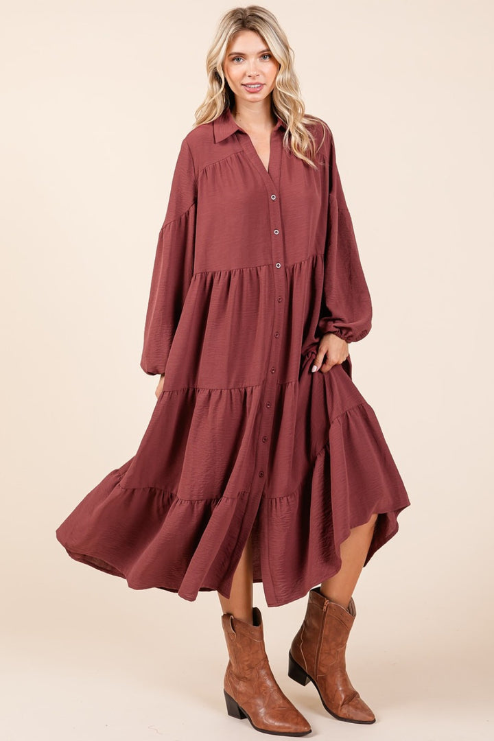 Mittoshop Tiered Button Down Long Sleeve Midi Dress Mid Dresses