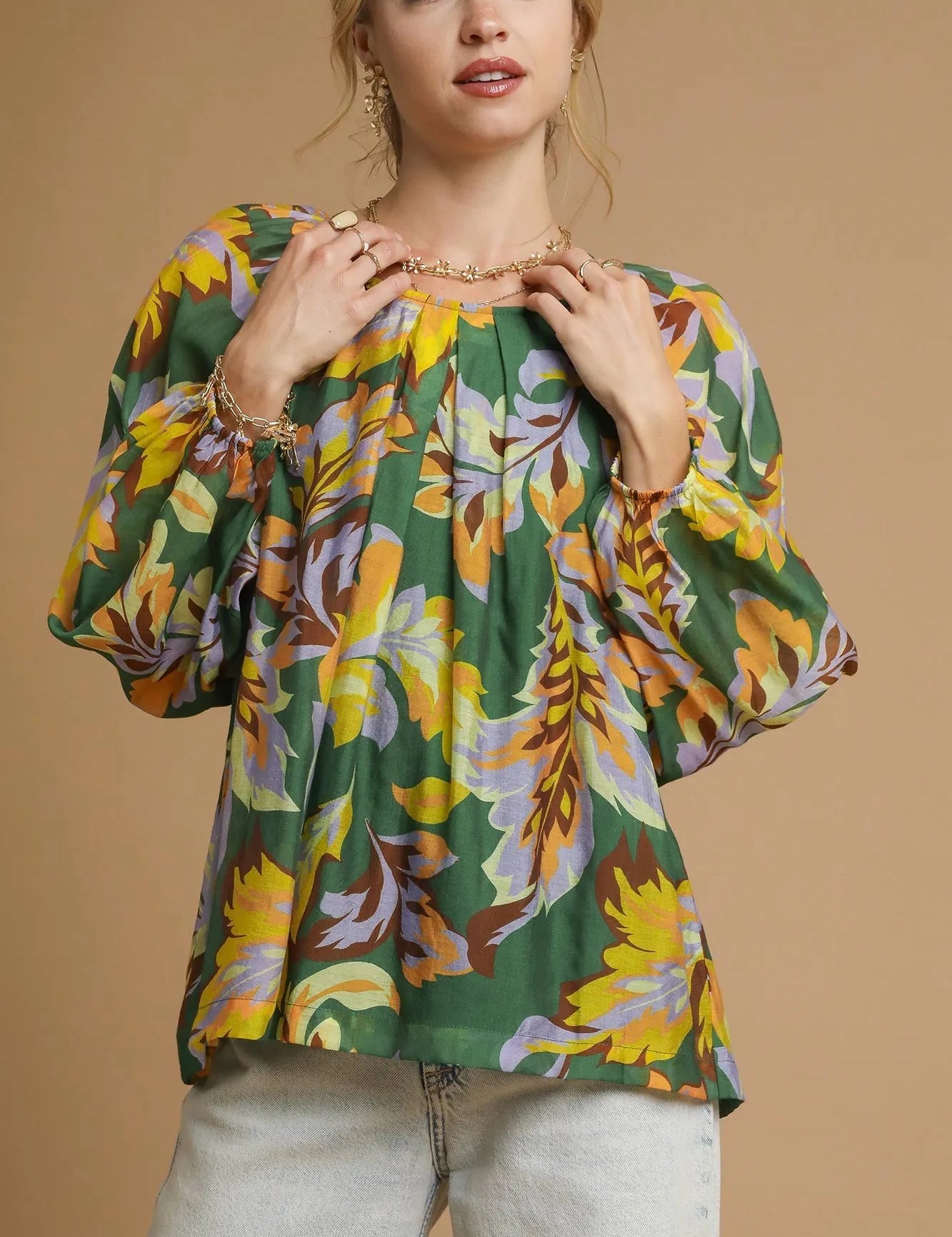 GREEN MIX Umgee Mix Abstract Print Balloon Sleeve Blouse | Blouses Daverri Fashions