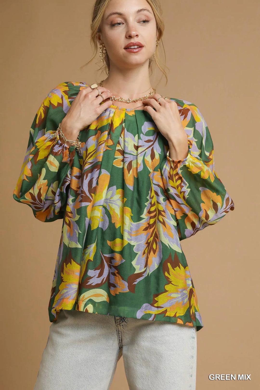 Umgee Mix Abstract Print Balloon Sleeve Blouse GREEN MIX Blouses