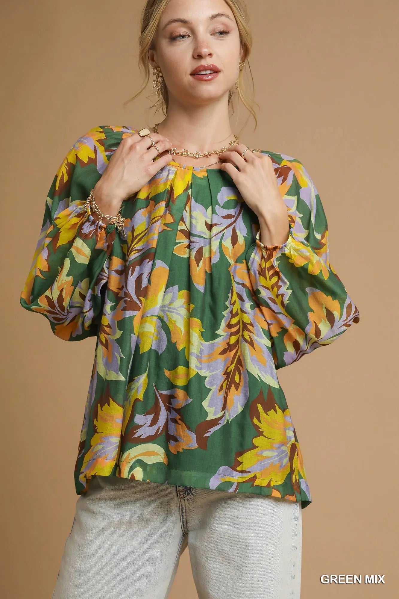 Umgee Mix Abstract Print Balloon Sleeve Blouse GREEN MIX Blouses