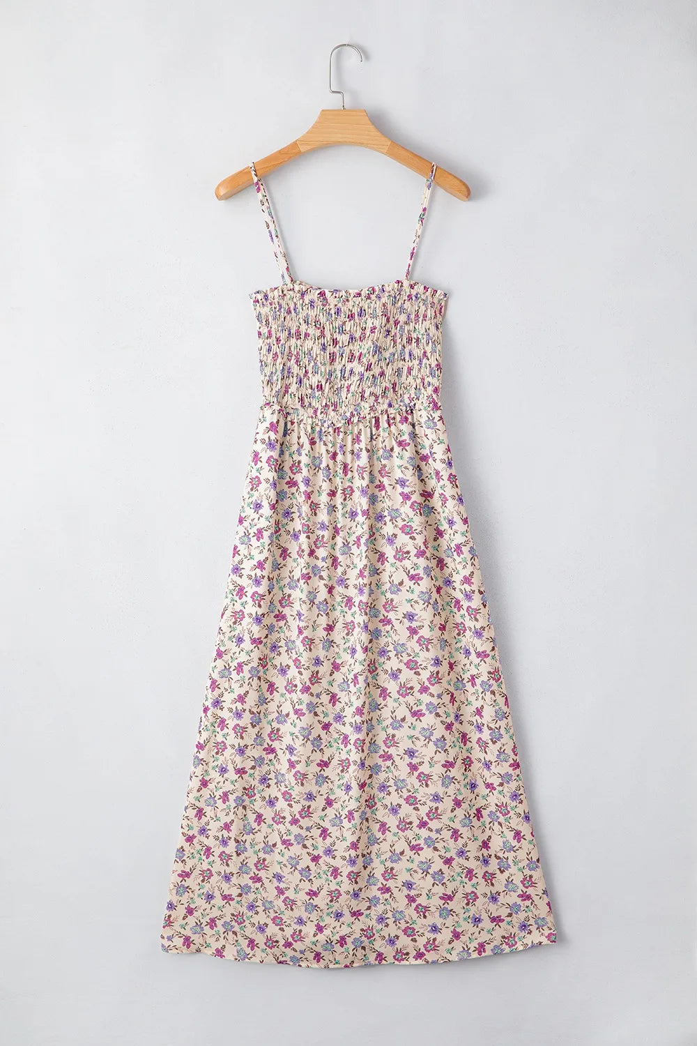 Multicolour bohemian ditsy floral smocked fit flare sundress on hanger