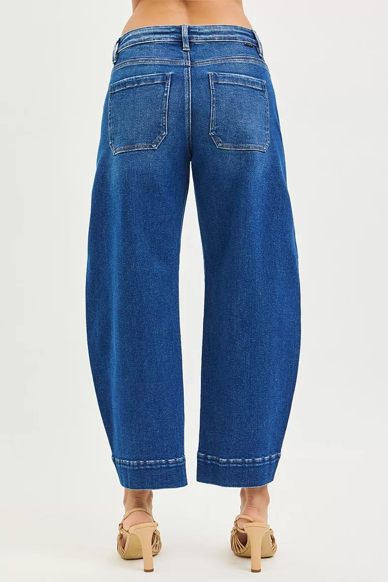 Blue Risen mid-rise crop barrel jeans with wide-leg cut and rolled cuffs