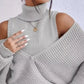 Waffle Knit Cold Shoulder Turtleneck Sweater - DAVERRI FASHIONS