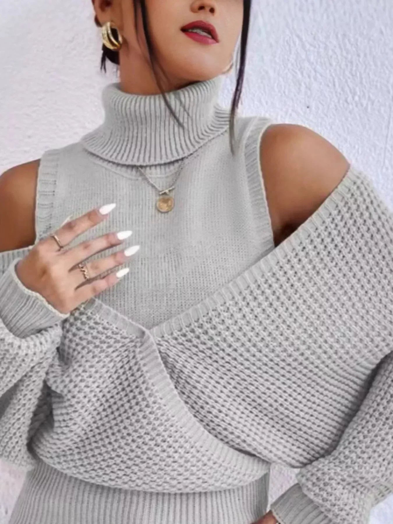Waffle Knit Cold Shoulder Turtleneck Sweater - DAVERRI FASHIONS
