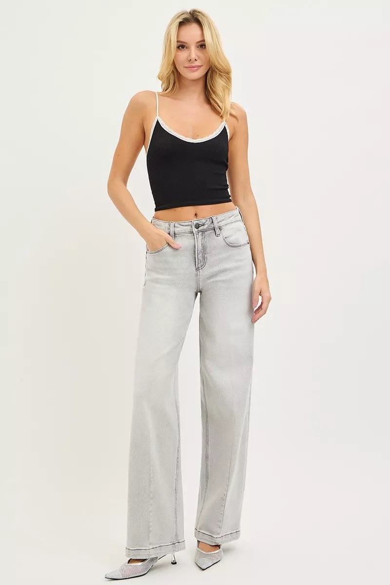 Light-wash RISEN slouchy baggy high-rise wide-leg jeans with contrast stitching