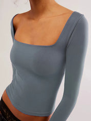 Gray Blue Square Neck Fitted Long Sleeve T-Shirt | T-Shirts Daverri Fashions