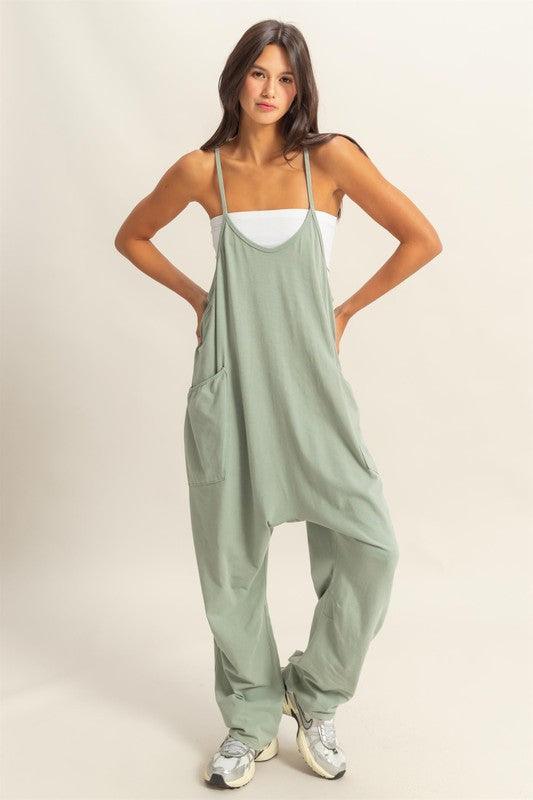 HYFVE Relaxed Fit Mineral Washed Overalls with Pockets Sage
