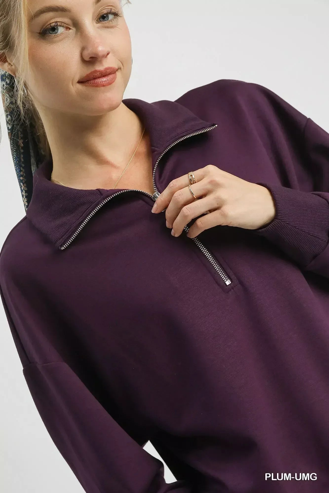 Umgee Half Zip Drop Shoulder Sweatshirt - DAVERRI FASHIONS