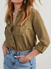 Collared Neck Roll-Tab Sleeve Denim Top | Shirts Daverri Fashions
