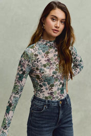 SO ME floral print mesh knit long-sleeve bodysuit with lace hem