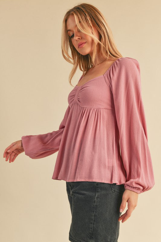 Aemi + Co Ruched Sweetheart Neck Balloon Sleeve Blouse