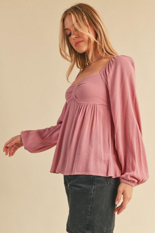 Aemi + Co Ruched Sweetheart Neck Balloon Sleeve Blouse Blouses