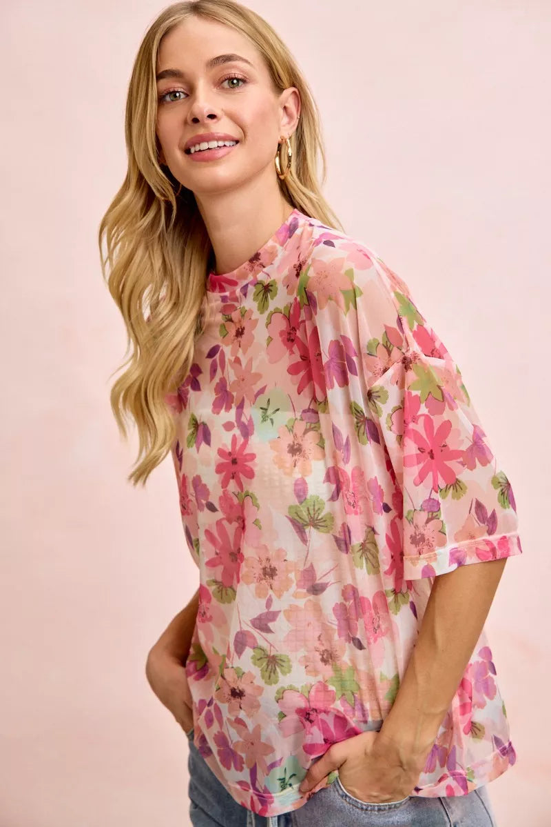 BiBi Floral Print Short Sleeves Boxy Mesh Top in soft sheer pink