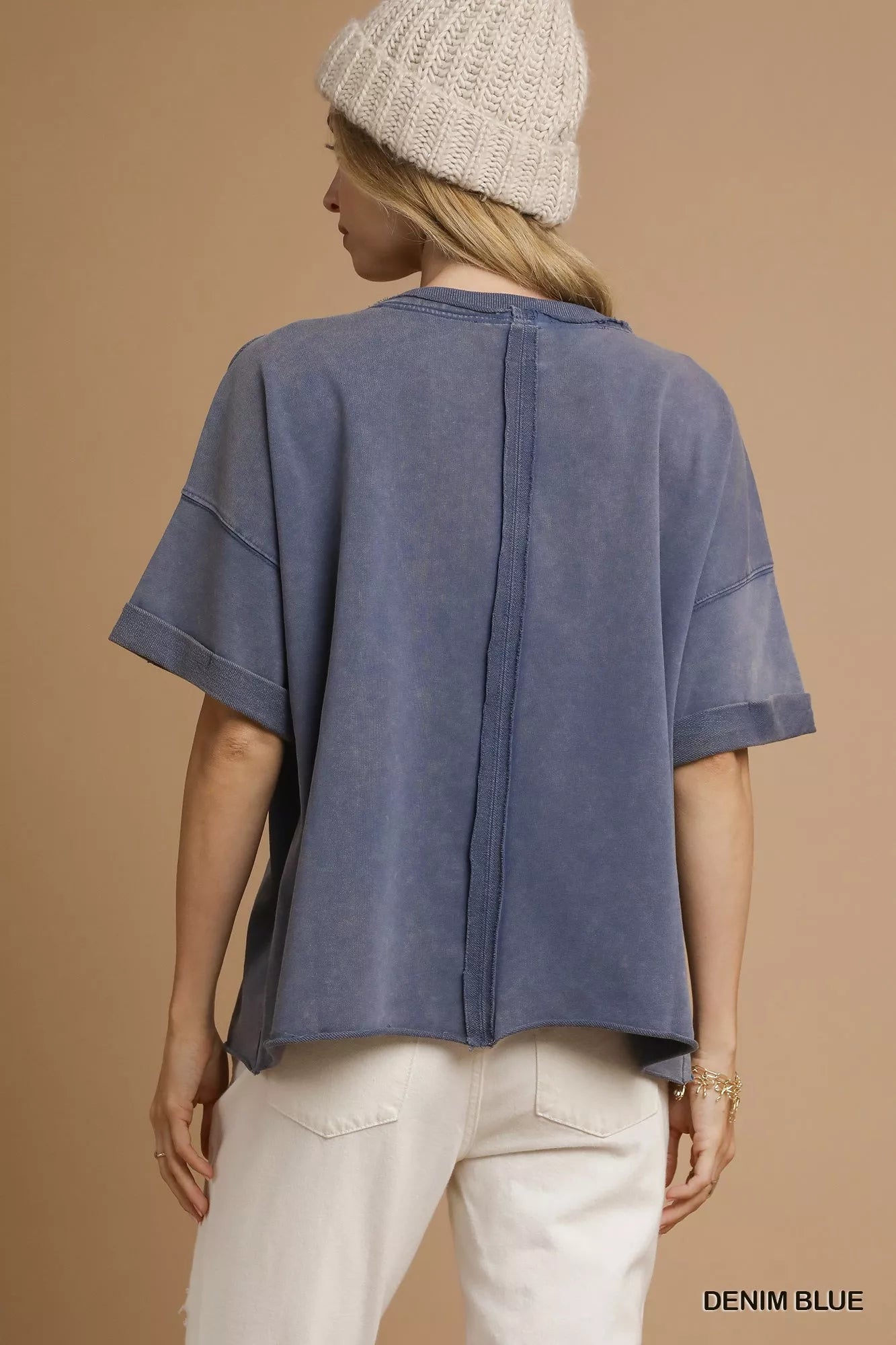 Umgee Mineral Wash Round Neck Top Blue | Tops Daverri Fashions