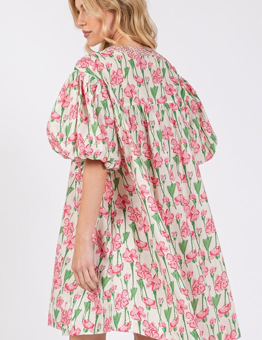 SAGE + FIG Floral Half Button Notched Puff Sleeve Dress Mini Dresses