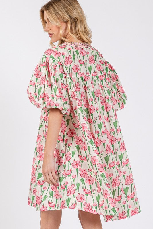 SAGE + FIG Floral Half Button Notched Puff Sleeve Dress Mini Dresses