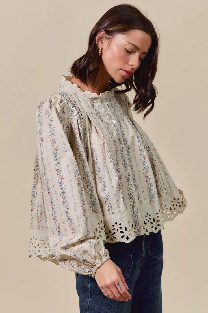 SO ME Floral Print Lace Button Down Shirt | Daverri Fashions