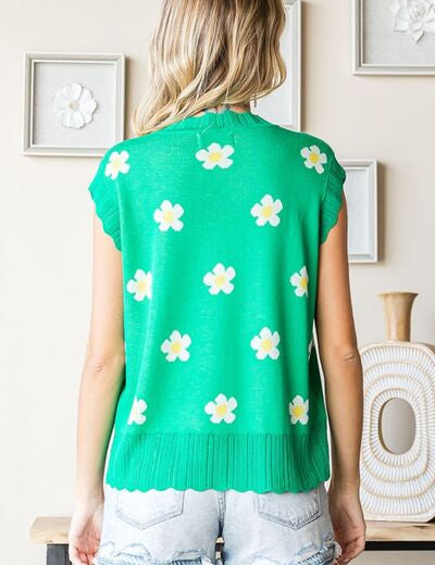 First Love Full Size Flower Pattern Round Neck Sweater Vest Sweaters