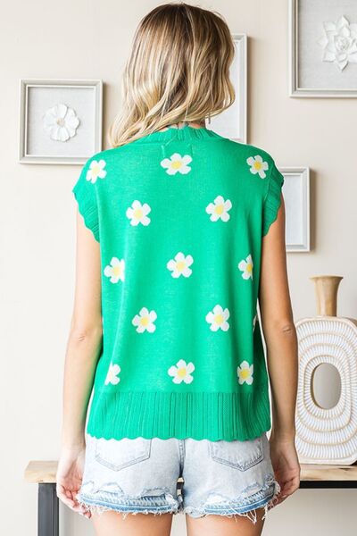 First Love Full Size Flower Pattern Round Neck Sweater Vest Sweaters