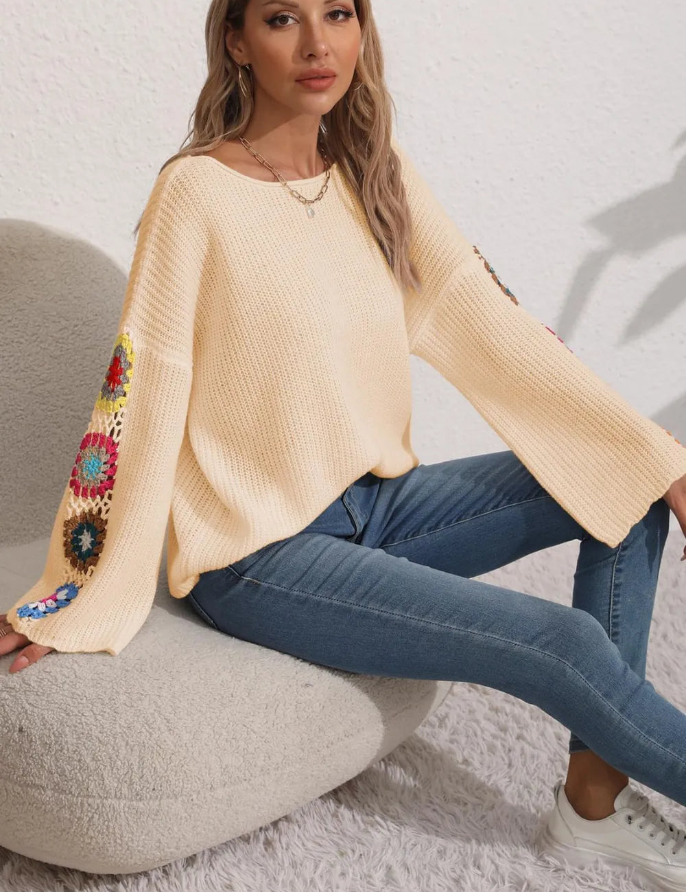 Crochet Flower Long Sleeve Sweater | Sweaters Daverri Fashions