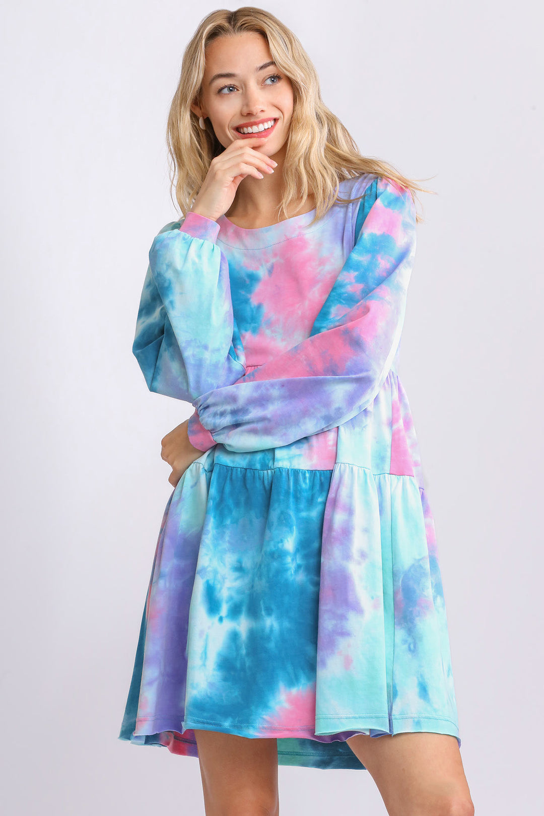 Tie Dye Round Neck Long Sleeve Babydoll Tiered Dress TEAL PINK Babydoll Dresses