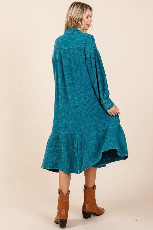 Mittoshop Mineral Wash Cotton Gauze Ruffle Midi Shirt Dress Midi Dresses