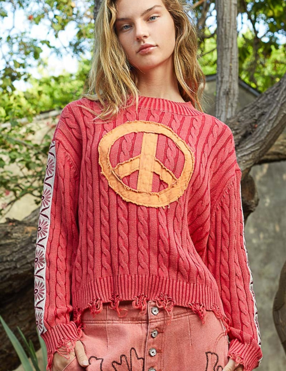 POL Washed Peace Patch Cable Knit Sweater