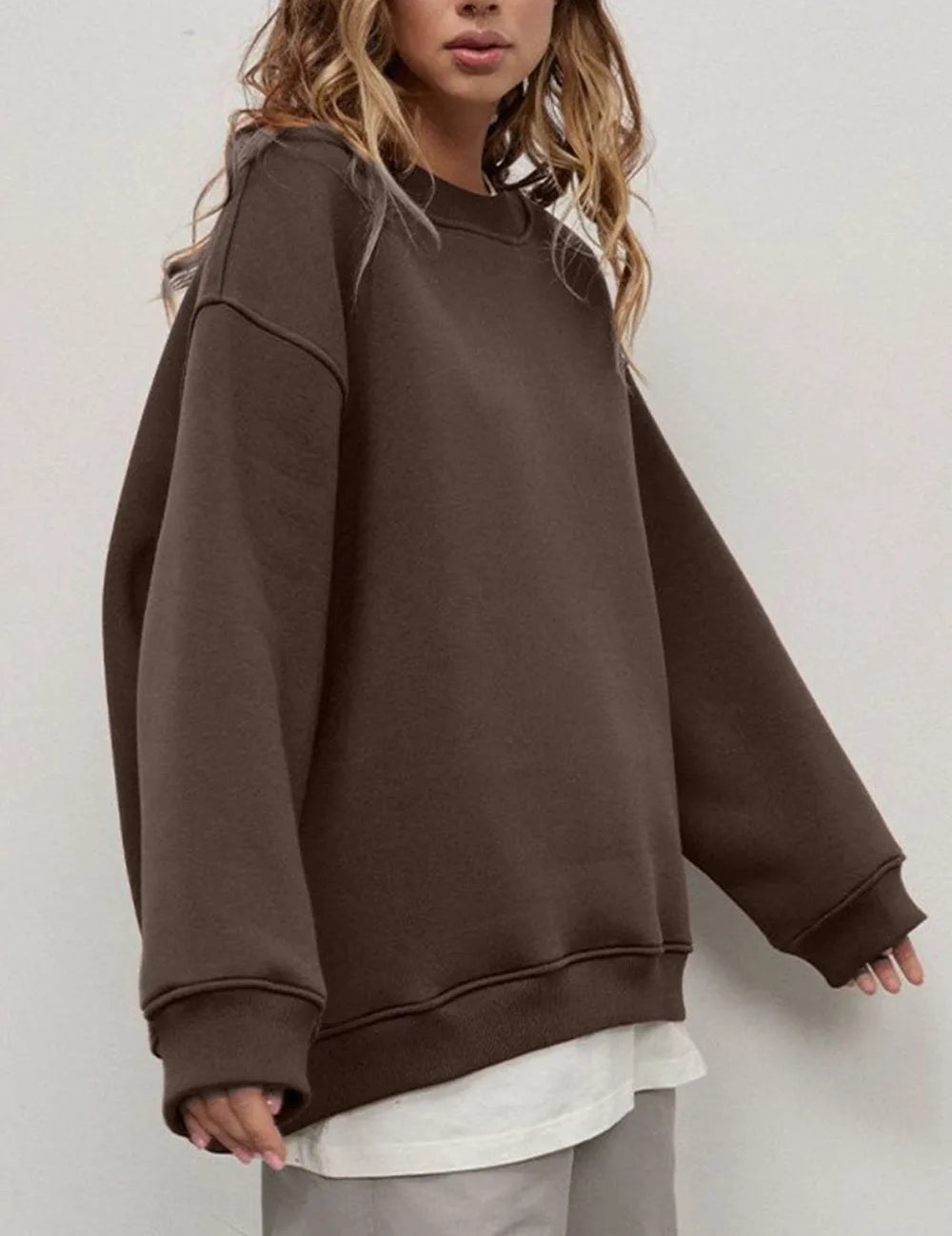 Coffee Brown Round Neck Dropped Shoulder Long Sleeve Sweatshirt | Sweatshirts Daverri Fashions