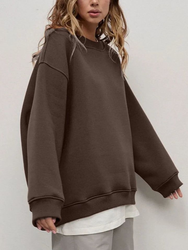 Coffee Brown Round Neck Dropped Shoulder Long Sleeve Sweatshirt | Sweatshirts Daverri Fashions