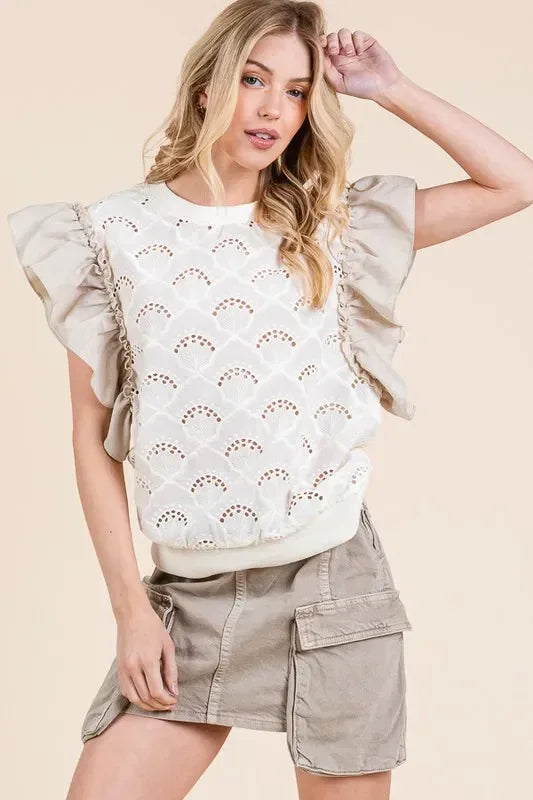 Lime 'N' Chili Ruffle Cap Sleeve Embroidered Eyelet Blouse - DAVERRI FASHIONS