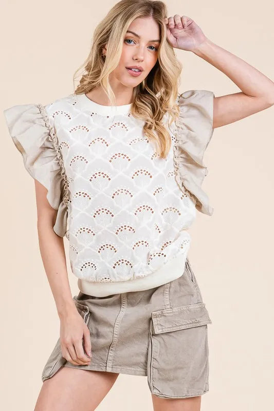 Lime 'N' Chili Ruffle Cap Sleeve Embroidered Eyelet Blouse