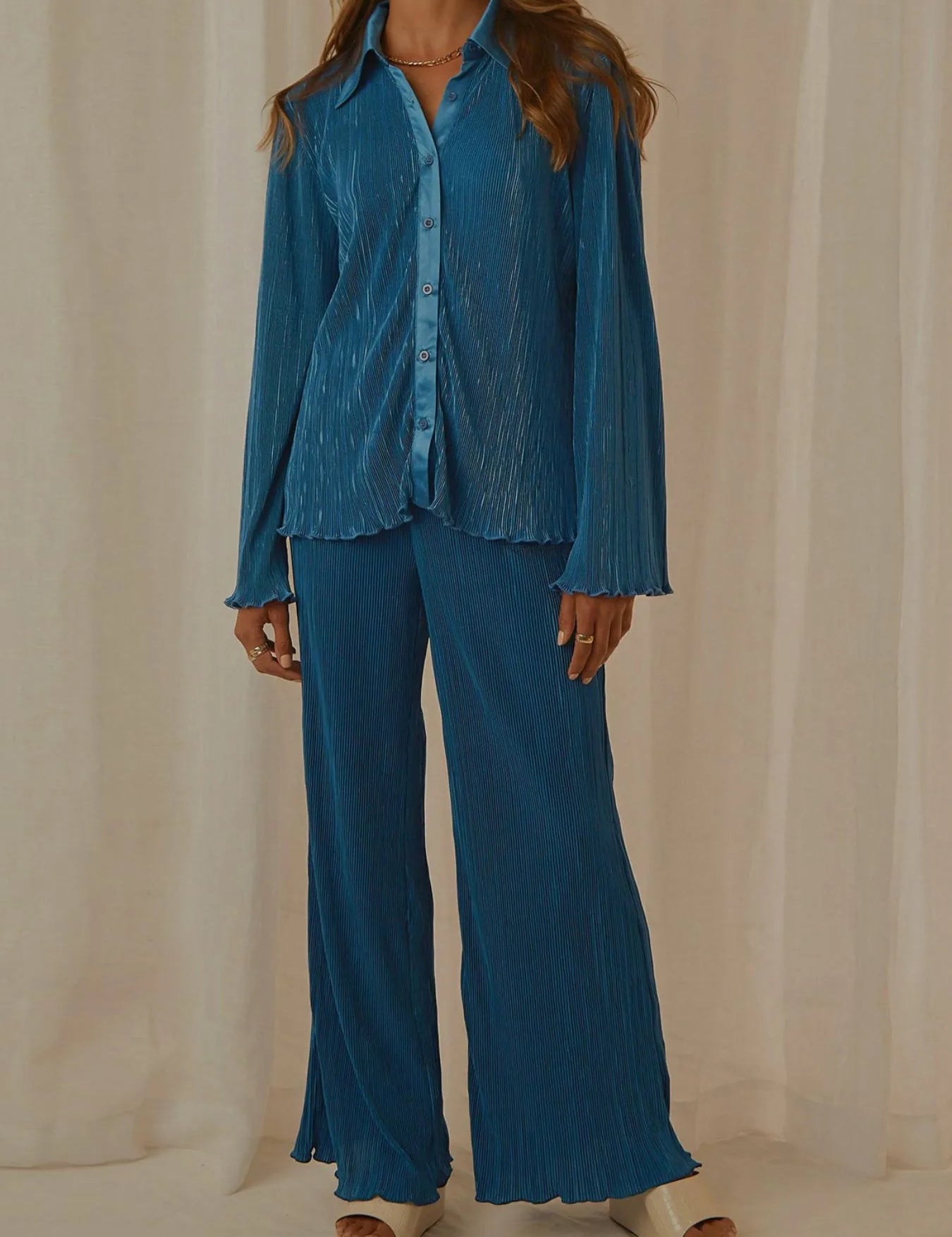 Peacock Blue Button Up Long Sleeve Top and Pants Set | Loungewear Sets Daverri Fashions