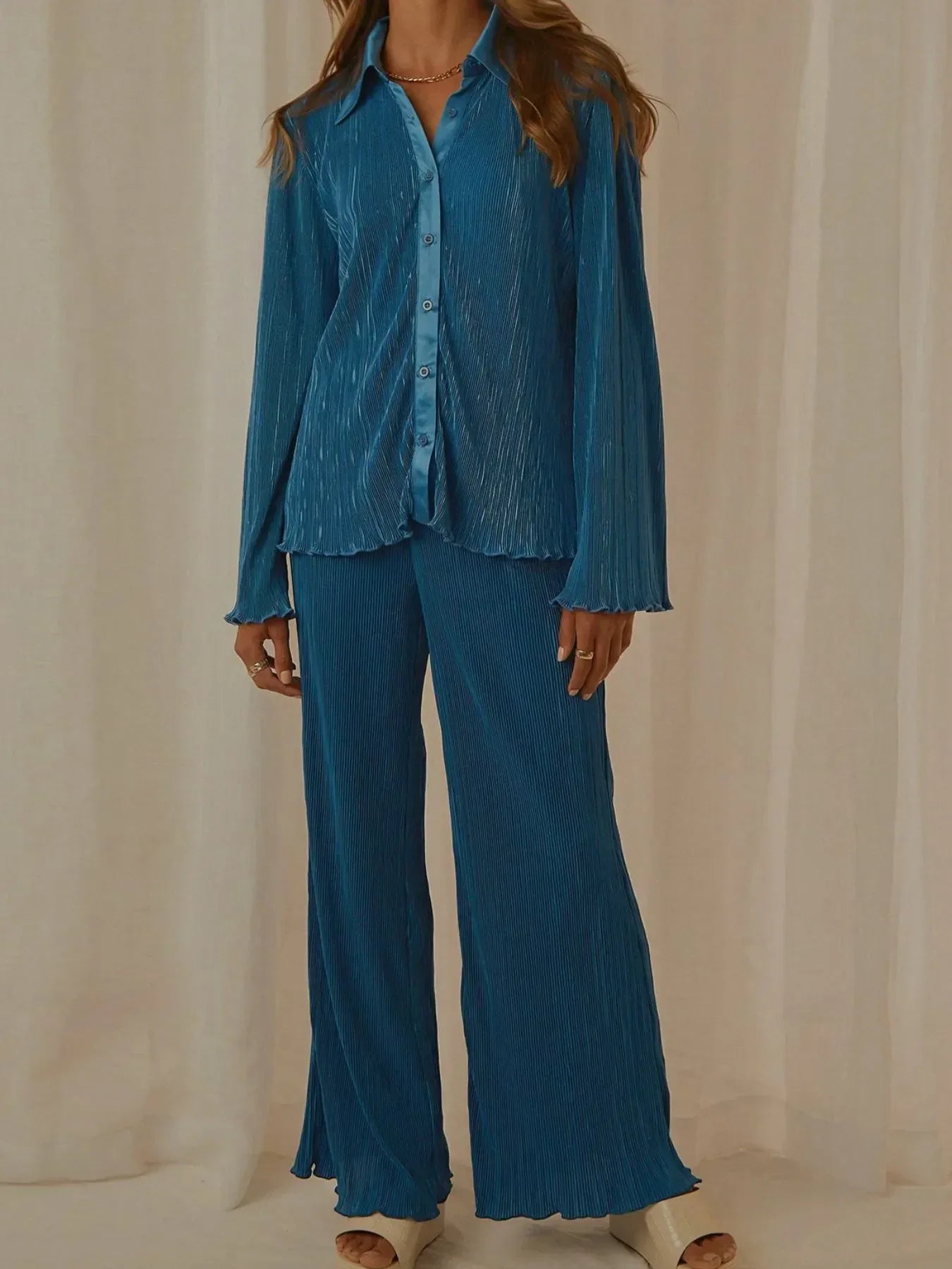 Button Up Long Sleeve Top and Pants Set - DAVERRI FASHIONS