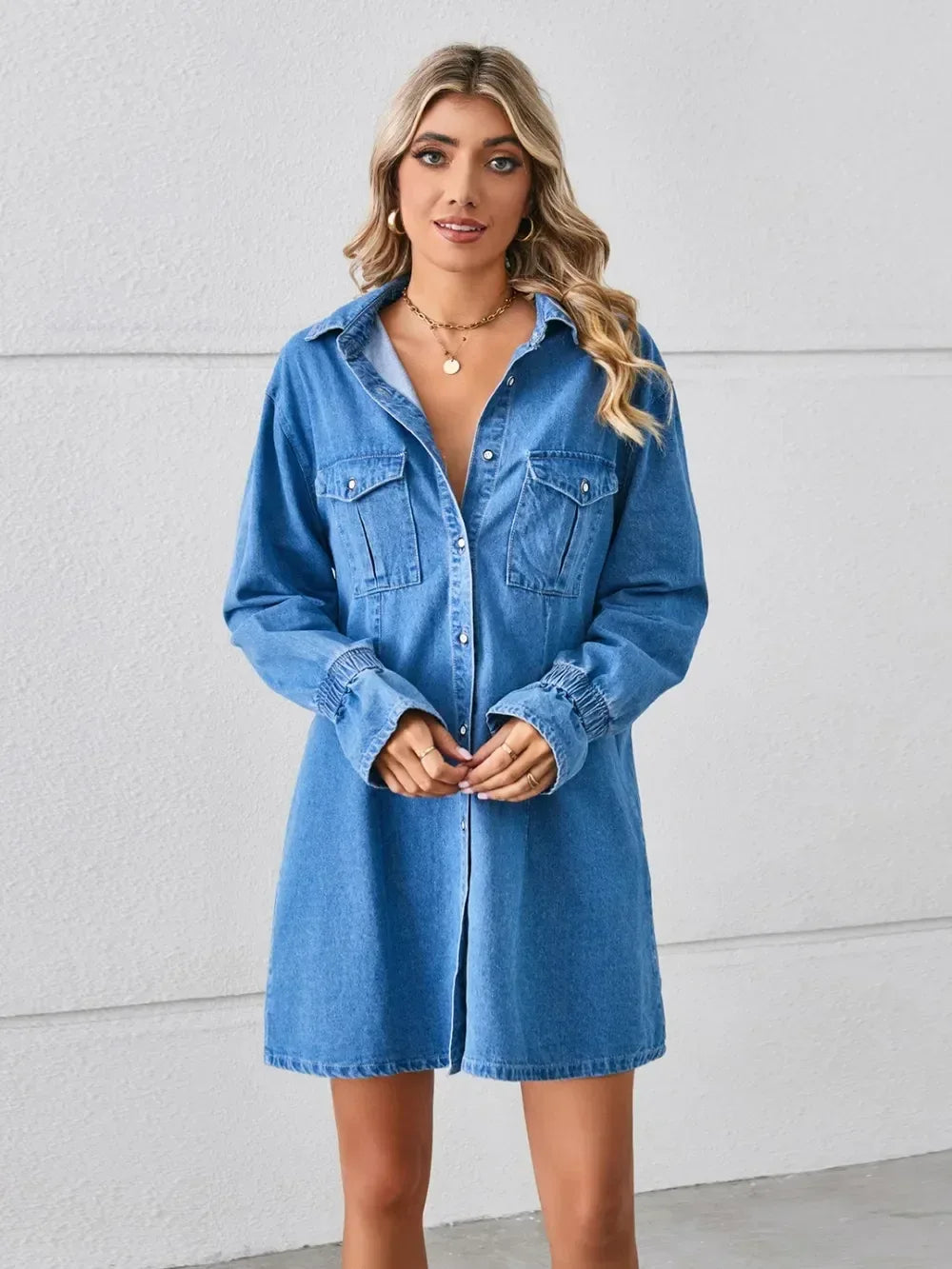 Pocketed Dropped Shoulder Mini Denim Dress - DAVERRI FASHIONS